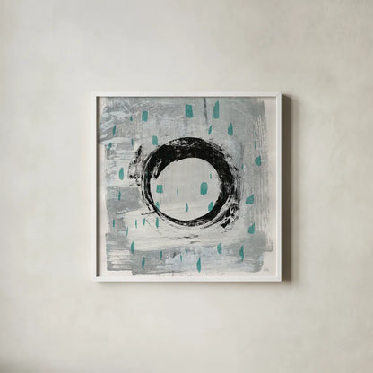 Zen Circle I Crop with Teal by Melissa Averinos. Shown in a crisp white glass frame for a clean and minimalist style. Available as an archival giclee rolled canvas, fine art paper, or poster print. SKU 30931a.