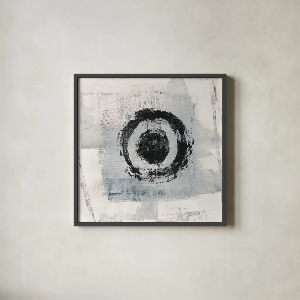 Zen Circle II by Melissa Averinos. Shown in a sleek black glass frame for a contemporary gallery look. Available as an archival giclee rolled canvas, fine art paper, or poster print. SKU 29105a.