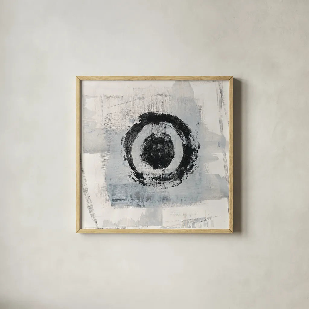 Zen Circle II by Melissa Averinos. Shown in a natural wood glass frame for a timeless modern aesthetic. Available as an archival giclee rolled canvas, fine art paper, or poster print. SKU 29105a.