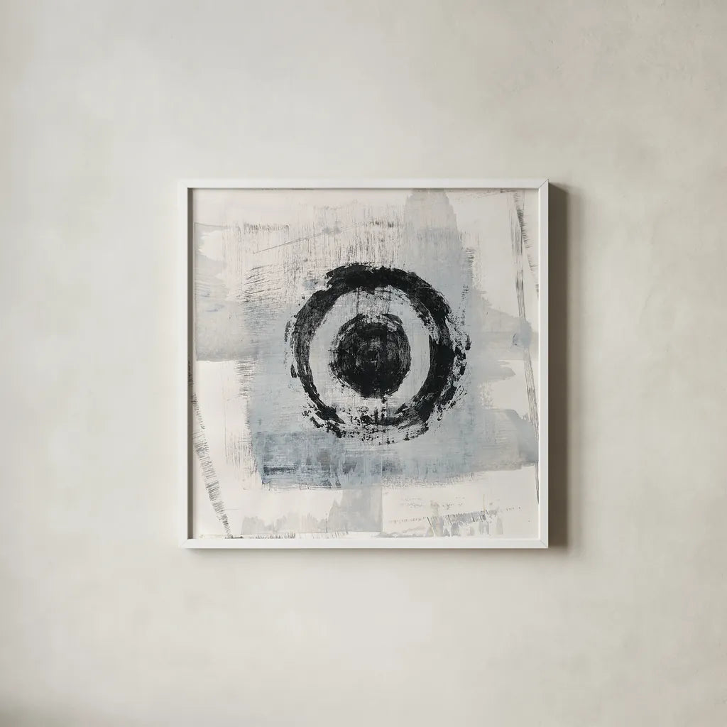 Zen Circle II by Melissa Averinos. Shown in a crisp white glass frame for a clean and minimalist style. Available as an archival giclee rolled canvas, fine art paper, or poster print. SKU 29105a.