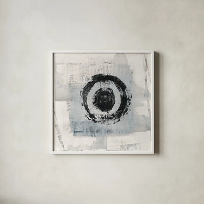 Zen Circle II by Melissa Averinos. Shown in a crisp white glass frame for a clean and minimalist style. Available as an archival giclee rolled canvas, fine art paper, or poster print. SKU 29105a.