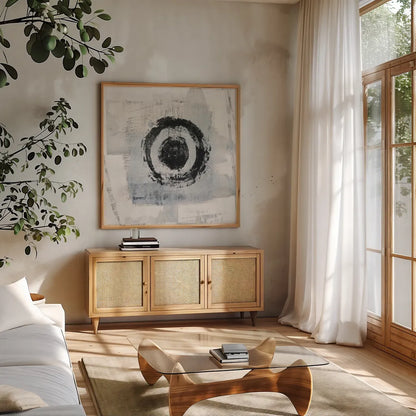Zen Circle II by Melissa Averinos. Shown in a natural wood frame in a cozy modern living room. Available as an archival giclee rolled canvas, fine art paper, or poster print. SKU 29105a.