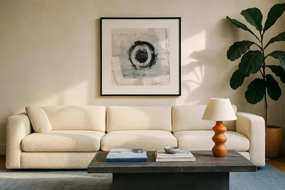 Zen Circle II by Melissa Averinos. Displayed in a glass frame with matte in a clean modern living room. Available as an archival giclee rolled canvas, fine art paper, or poster print. SKU 29105a.
