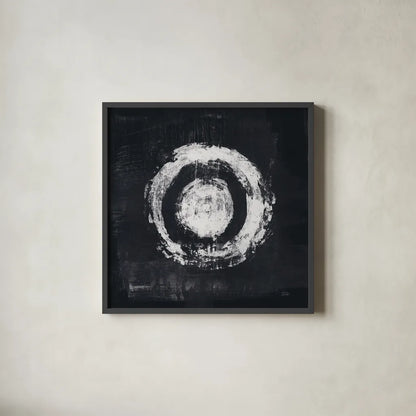 Zen Circle II Black Crop by Melissa Averinos. Shown in a sleek black glass frame for a contemporary gallery look. Available as an archival giclee rolled canvas, fine art paper, or poster print. SKU 54814a.