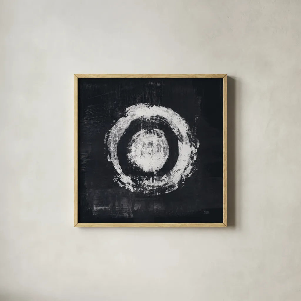 Zen Circle II Black Crop by Melissa Averinos. Shown in a natural wood glass frame for a timeless modern aesthetic. Available as an archival giclee rolled canvas, fine art paper, or poster print. SKU 54814a.