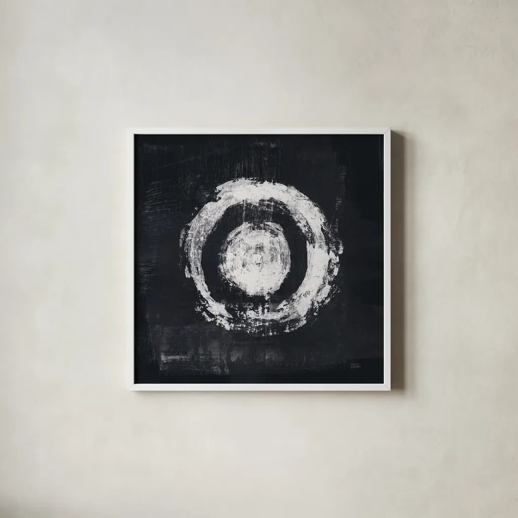 Zen Circle II Black Crop by Melissa Averinos. Shown in a crisp white glass frame for a clean and minimalist style. Available as an archival giclee rolled canvas, fine art paper, or poster print. SKU 54814a.