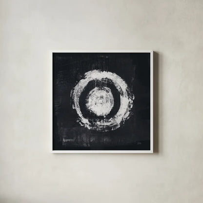 Zen Circle II Black Crop by Melissa Averinos. Shown in a crisp white glass frame for a clean and minimalist style. Available as an archival giclee rolled canvas, fine art paper, or poster print. SKU 54814a.