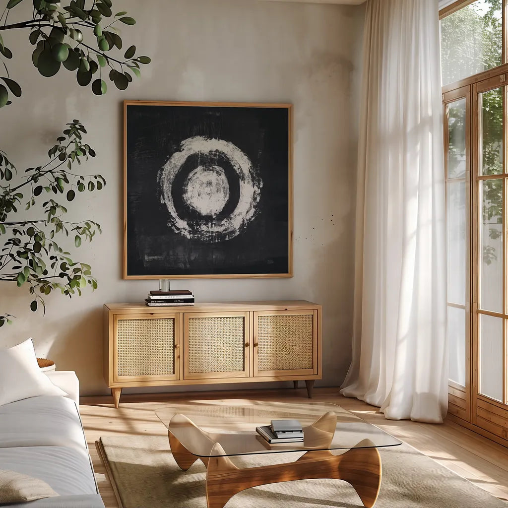 Zen Circle II Black Crop by Melissa Averinos. Shown in a natural wood frame in a cozy modern living room. Available as an archival giclee rolled canvas, fine art paper, or poster print. SKU 54814a.