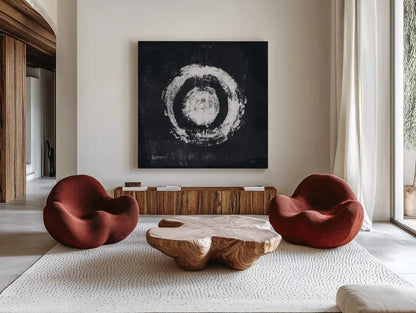 Zen Circle II Black Crop by Melissa Averinos. Shown as extra-large giant wall art in a modern living room. Available as an archival giclee rolled canvas, fine art paper, or poster print. SKU 54814a.