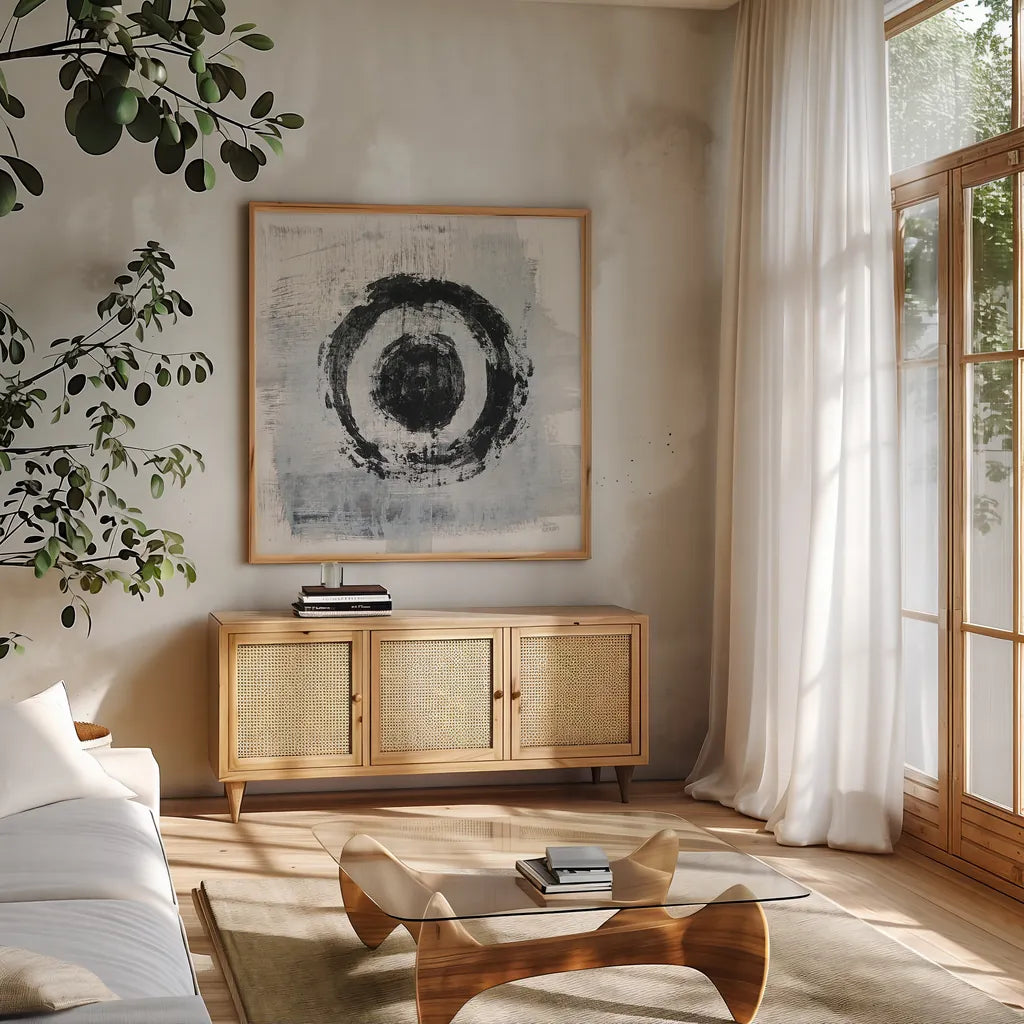 Zen Circle II Crop by Melissa Averinos. Shown in a natural wood frame in a cozy modern living room. Available as an archival giclee rolled canvas, fine art paper, or poster print. SKU 29696a.