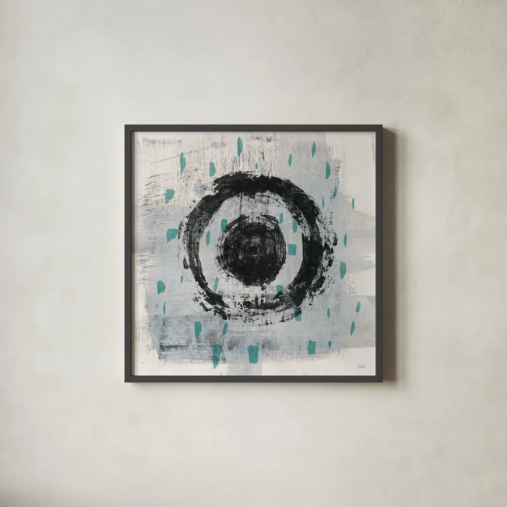Zen Circle II Crop with Teal by Melissa Averinos. Shown in a sleek black glass frame for a contemporary gallery look. Available as an archival giclee rolled canvas, fine art paper, or poster print. SKU 30932a.