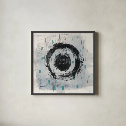 Zen Circle II Crop with Teal by Melissa Averinos. Shown in a sleek black glass frame for a contemporary gallery look. Available as an archival giclee rolled canvas, fine art paper, or poster print. SKU 30932a.
