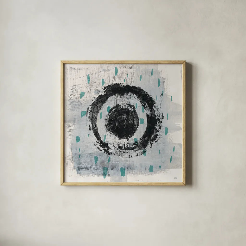 Zen Circle II Crop with Teal by Melissa Averinos. Shown in a natural wood glass frame for a timeless modern aesthetic. Available as an archival giclee rolled canvas, fine art paper, or poster print. SKU 30932a.