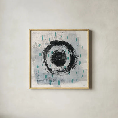 Zen Circle II Crop with Teal by Melissa Averinos. Shown in a natural wood glass frame for a timeless modern aesthetic. Available as an archival giclee rolled canvas, fine art paper, or poster print. SKU 30932a.
