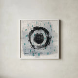 Zen Circle II Crop with Teal by Melissa Averinos. Shown in a crisp white glass frame for a clean and minimalist style. Available as an archival giclee rolled canvas, fine art paper, or poster print. SKU 30932a.