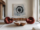 Zen Circle II Crop with Teal by Melissa Averinos. Shown as extra-large giant wall art in a modern living room. Available as an archival giclee rolled canvas, fine art paper, or poster print. SKU 30932a.