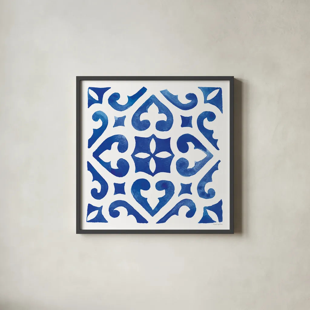 Andalusian Tile I by Mercedes Lopez Charro. Shown in a sleek black glass frame for a contemporary gallery look. Available as an archival giclee rolled canvas, fine art paper, or poster print. SKU 68805a.
