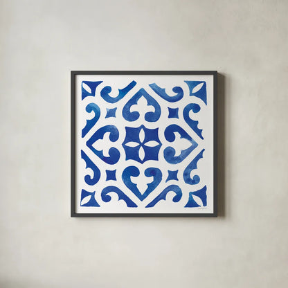 Andalusian Tile I by Mercedes Lopez Charro. Shown in a sleek black glass frame for a contemporary gallery look. Available as an archival giclee rolled canvas, fine art paper, or poster print. SKU 68805a.