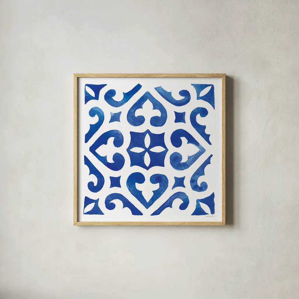 Andalusian Tile I by Mercedes Lopez Charro. Shown in a natural wood glass frame for a timeless modern aesthetic. Available as an archival giclee rolled canvas, fine art paper, or poster print. SKU 68805a.