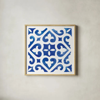 Andalusian Tile I by Mercedes Lopez Charro. Shown in a natural wood glass frame for a timeless modern aesthetic. Available as an archival giclee rolled canvas, fine art paper, or poster print. SKU 68805a.