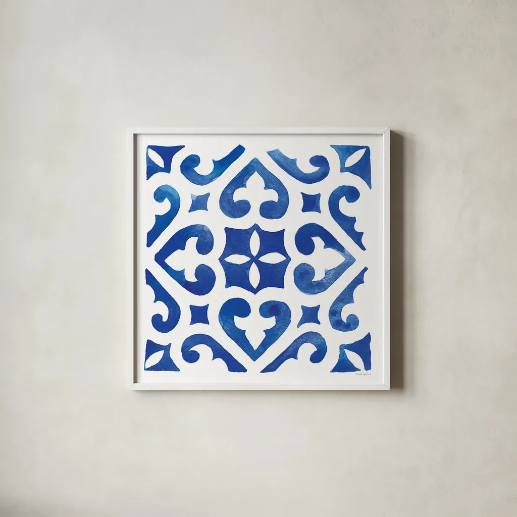 Andalusian Tile I by Mercedes Lopez Charro. Shown in a crisp white glass frame for a clean and minimalist style. Available as an archival giclee rolled canvas, fine art paper, or poster print. SKU 68805a.