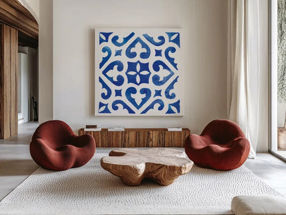 Andalusian Tile I by Mercedes Lopez Charro. Shown as extra-large giant wall art in a modern living room. Available as an archival giclee rolled canvas, fine art paper, or poster print. SKU 68805a.