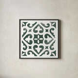 Andalusian Tile I Pine Green by Mercedes Lopez Charro. Shown in a sleek black glass frame for a contemporary gallery look. Available as an archival giclee rolled canvas, fine art paper, or poster print. SKU 70255a.