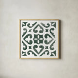 Andalusian Tile I Pine Green by Mercedes Lopez Charro. Shown in a natural wood glass frame for a timeless modern aesthetic. Available as an archival giclee rolled canvas, fine art paper, or poster print. SKU 70255a.