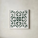 Andalusian Tile I Pine Green by Mercedes Lopez Charro. Shown in a crisp white glass frame for a clean and minimalist style. Available as an archival giclee rolled canvas, fine art paper, or poster print. SKU 70255a.