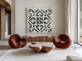 Andalusian Tile I Pine Green by Mercedes Lopez Charro. Shown as extra-large giant wall art in a modern living room. Available as an archival giclee rolled canvas, fine art paper, or poster print. SKU 70255a.