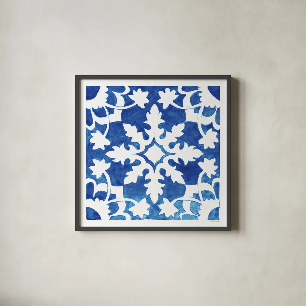 Andalusian Tile II by Mercedes Lopez Charro. Shown in a sleek black glass frame for a contemporary gallery look. Available as an archival giclee rolled canvas, fine art paper, or poster print. SKU 68806a.