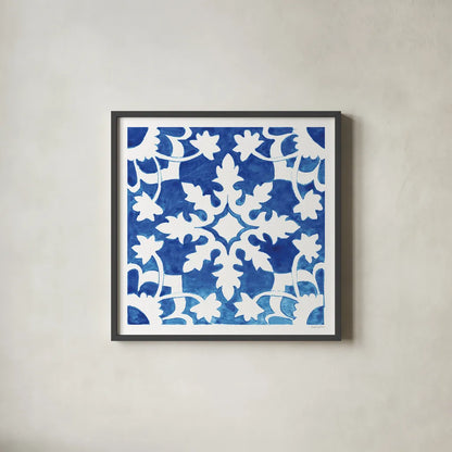 Andalusian Tile II by Mercedes Lopez Charro. Shown in a sleek black glass frame for a contemporary gallery look. Available as an archival giclee rolled canvas, fine art paper, or poster print. SKU 68806a.
