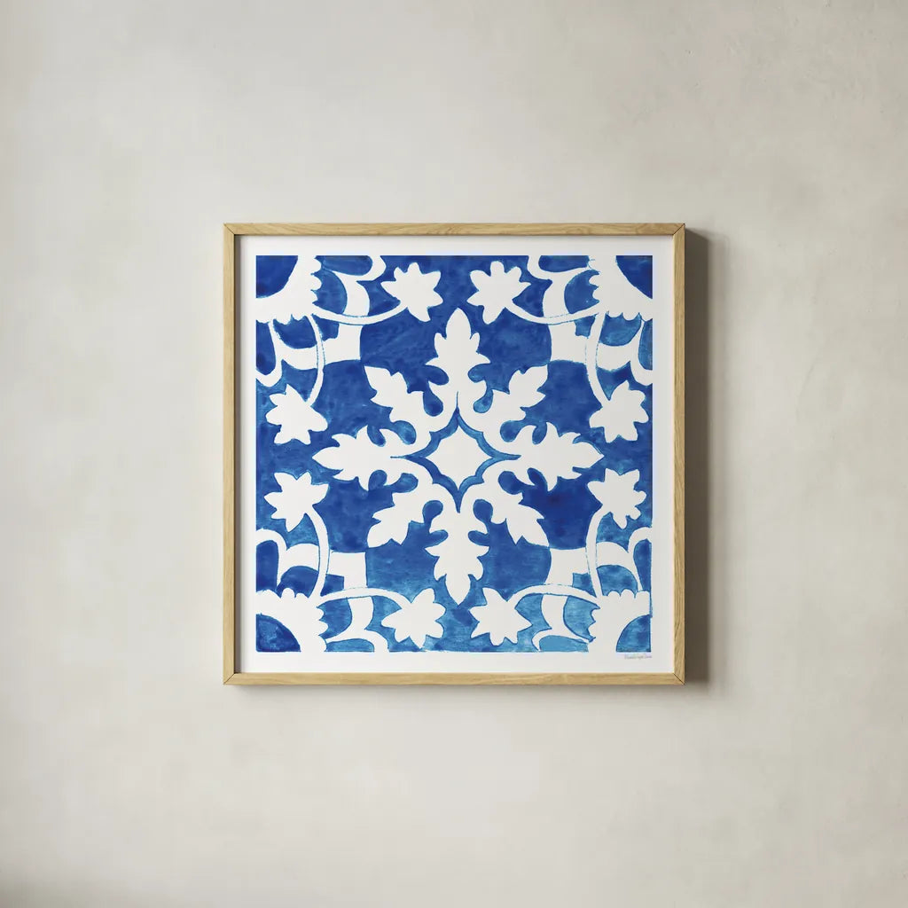 Andalusian Tile II by Mercedes Lopez Charro. Shown in a natural wood glass frame for a timeless modern aesthetic. Available as an archival giclee rolled canvas, fine art paper, or poster print. SKU 68806a.