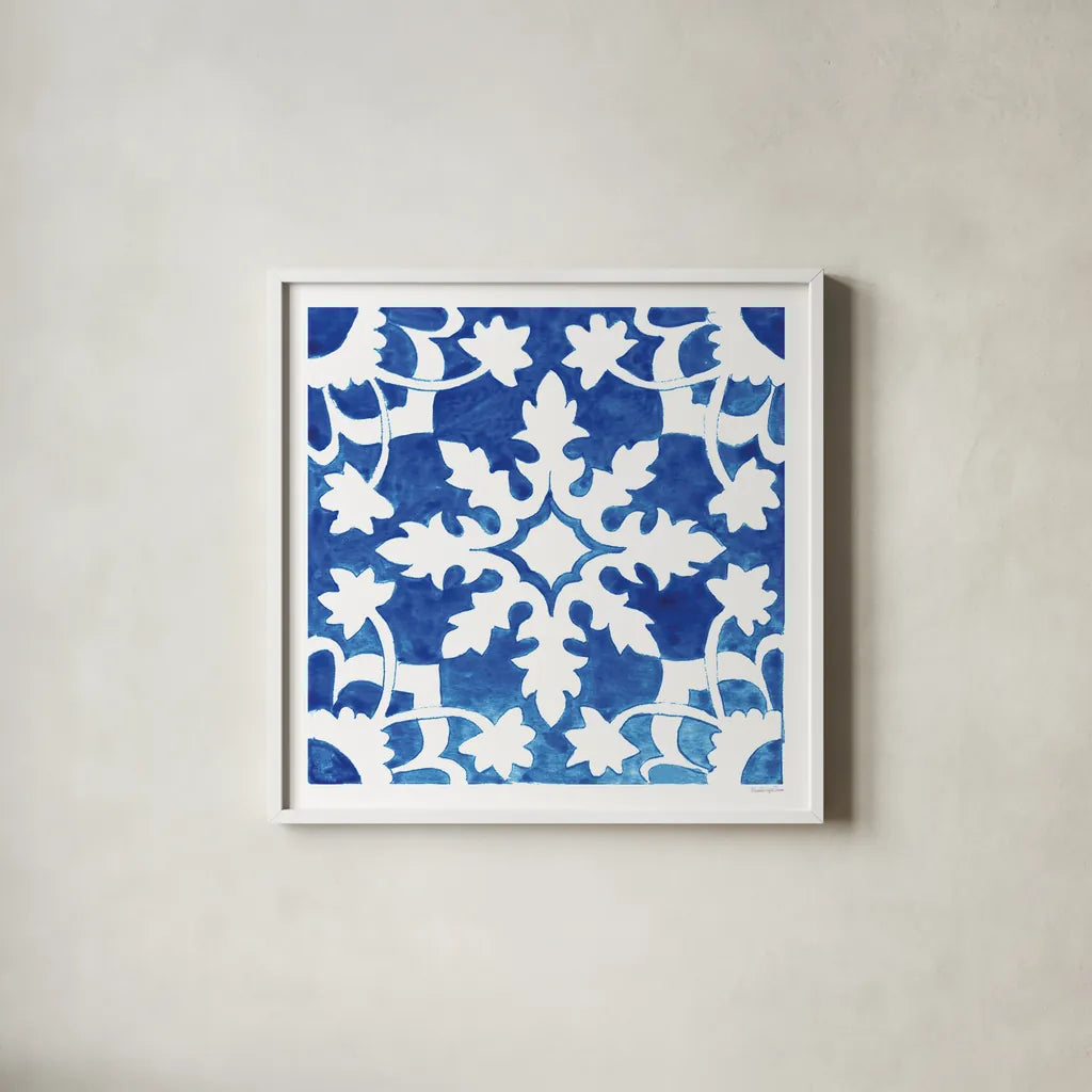Andalusian Tile II by Mercedes Lopez Charro. Shown in a crisp white glass frame for a clean and minimalist style. Available as an archival giclee rolled canvas, fine art paper, or poster print. SKU 68806a.