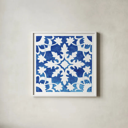 Andalusian Tile II by Mercedes Lopez Charro. Shown in a crisp white glass frame for a clean and minimalist style. Available as an archival giclee rolled canvas, fine art paper, or poster print. SKU 68806a.