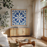 Andalusian Tile II by Mercedes Lopez Charro. Shown in a natural wood frame in a cozy modern living room. Available as an archival giclee rolled canvas, fine art paper, or poster print. SKU 68806a.
