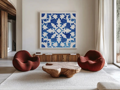 Andalusian Tile II by Mercedes Lopez Charro. Shown as extra-large giant wall art in a modern living room. Available as an archival giclee rolled canvas, fine art paper, or poster print. SKU 68806a.