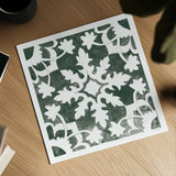 Andalusian Tile II Pine Green by Mercedes Lopez Charro. Shown as a detailed flat fine art print, highlighting archival giclee quality. Available as an archival giclee rolled canvas, fine art paper, or poster print. SKU 70256a.