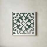 Andalusian Tile II Pine Green by Mercedes Lopez Charro. Shown in a crisp white glass frame for a clean and minimalist style. Available as an archival giclee rolled canvas, fine art paper, or poster print. SKU 70256a.