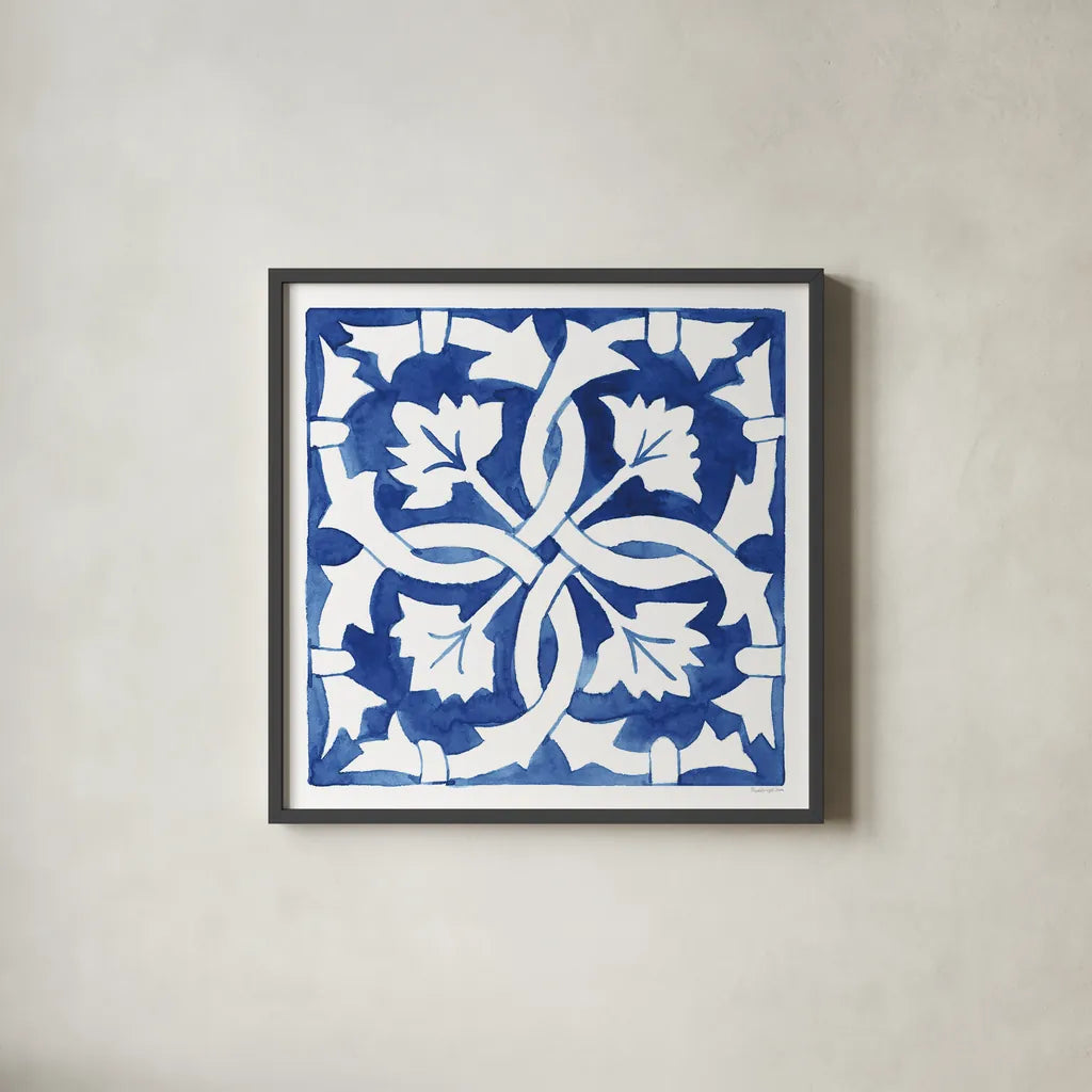 Andalusian Tile III by Mercedes Lopez Charro. Shown in a sleek black glass frame for a contemporary gallery look. Available as an archival giclee rolled canvas, fine art paper, or poster print. SKU 68807a.