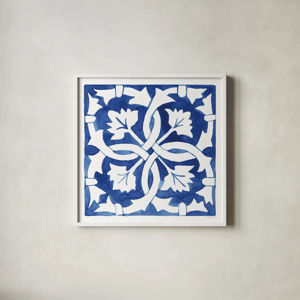Andalusian Tile III by Mercedes Lopez Charro. Shown in a crisp white glass frame for a clean and minimalist style. Available as an archival giclee rolled canvas, fine art paper, or poster print. SKU 68807a.