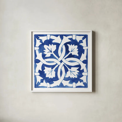 Andalusian Tile III by Mercedes Lopez Charro. Shown in a crisp white glass frame for a clean and minimalist style. Available as an archival giclee rolled canvas, fine art paper, or poster print. SKU 68807a.