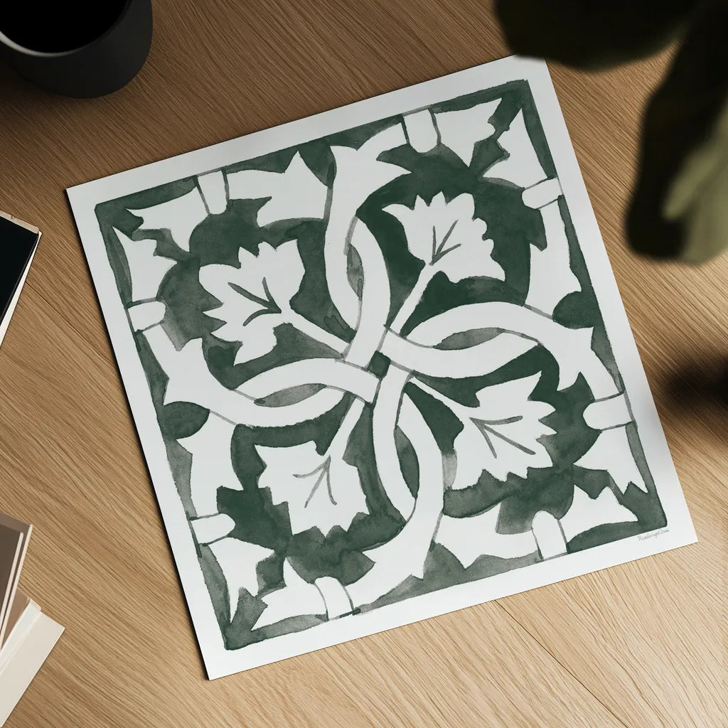 Andalusian Tile III Pine Green by Mercedes Lopez Charro. Shown as a detailed flat fine art print, highlighting archival giclee quality. Available as an archival giclee rolled canvas, fine art paper, or poster print. SKU 70257a.