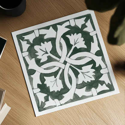 Andalusian Tile III Pine Green by Mercedes Lopez Charro. Shown as a detailed flat fine art print, highlighting archival giclee quality. Available as an archival giclee rolled canvas, fine art paper, or poster print. SKU 70257a.