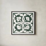 Andalusian Tile III Pine Green by Mercedes Lopez Charro. Shown in a sleek black glass frame for a contemporary gallery look. Available as an archival giclee rolled canvas, fine art paper, or poster print. SKU 70257a.