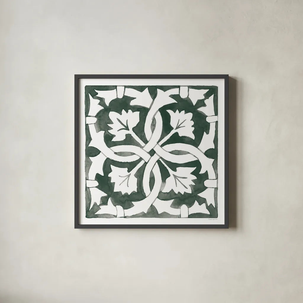 Andalusian Tile III Pine Green by Mercedes Lopez Charro. Shown in a sleek black glass frame for a contemporary gallery look. Available as an archival giclee rolled canvas, fine art paper, or poster print. SKU 70257a.