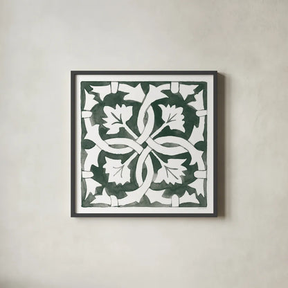 Andalusian Tile III Pine Green by Mercedes Lopez Charro. Shown in a sleek black glass frame for a contemporary gallery look. Available as an archival giclee rolled canvas, fine art paper, or poster print. SKU 70257a.