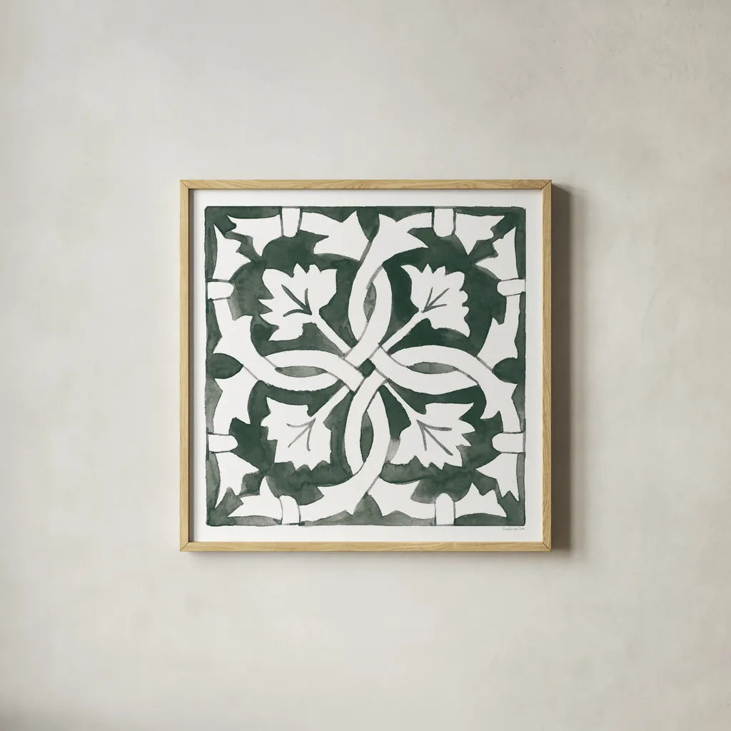 Andalusian Tile III Pine Green by Mercedes Lopez Charro. Shown in a natural wood glass frame for a timeless modern aesthetic. Available as an archival giclee rolled canvas, fine art paper, or poster print. SKU 70257a.