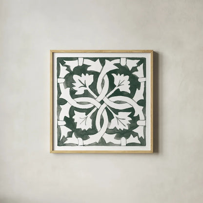 Andalusian Tile III Pine Green by Mercedes Lopez Charro. Shown in a natural wood glass frame for a timeless modern aesthetic. Available as an archival giclee rolled canvas, fine art paper, or poster print. SKU 70257a.
