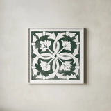 Andalusian Tile III Pine Green by Mercedes Lopez Charro. Shown in a crisp white glass frame for a clean and minimalist style. Available as an archival giclee rolled canvas, fine art paper, or poster print. SKU 70257a.